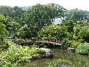 松月院境内に作庭された庭園の池に架けられた朱色の橋